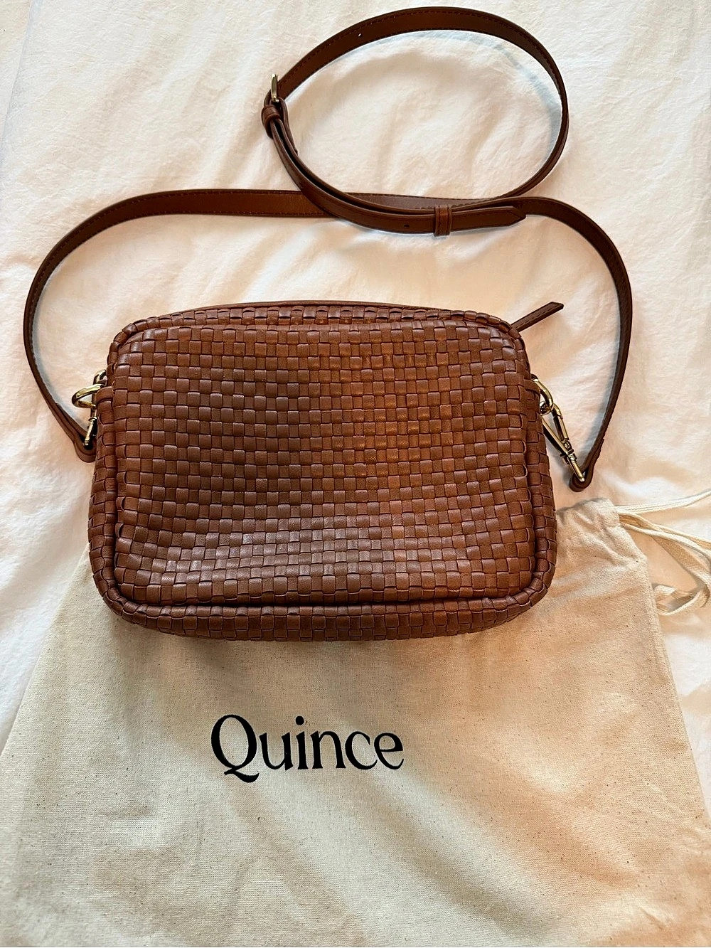 Quince Italian Leather Woven Crossbody Camera Bag Brown
